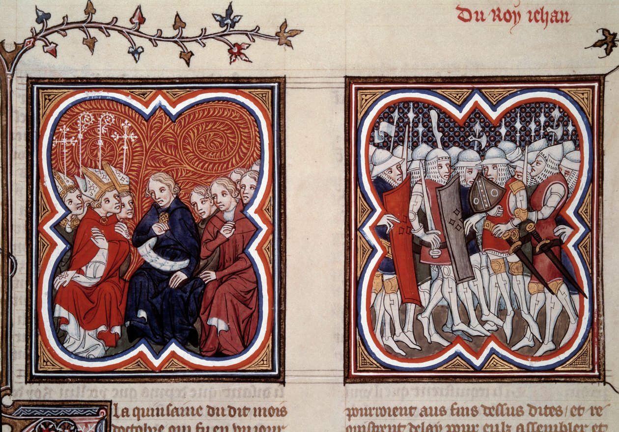 Százéves háború: „Bal oldalon a leendő delfin, a bölcs V. Károly (1338-1380) (akkor régens) és az általános államok tanácsosai elrendelték apja, II. János felszabadítását az 1356-os poitiers-i csata után. körülvette Etien alkotó: Unknown artist
