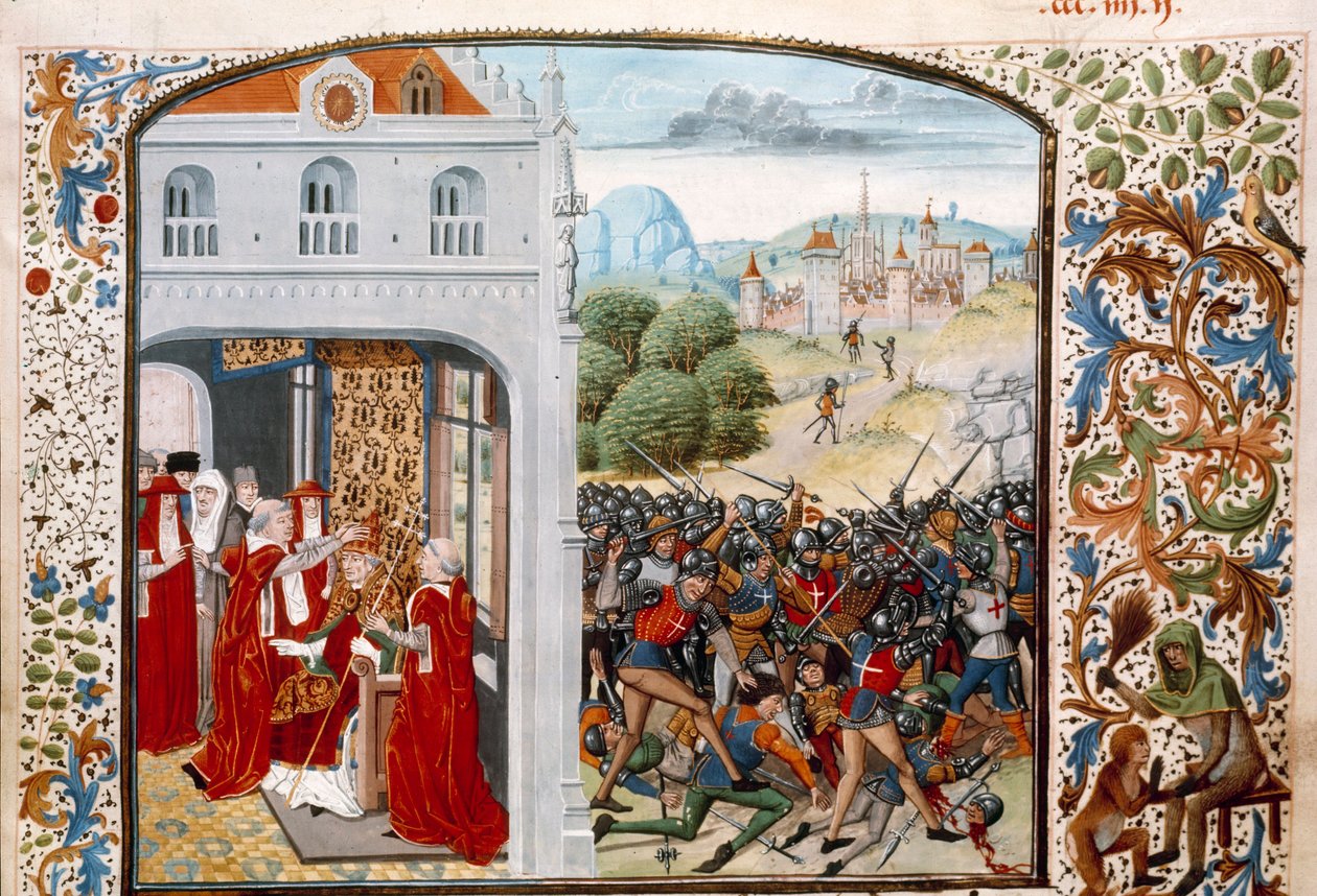 Százéves háború: „” XI. Gergely pápa (1329-1378) megkoronázta Avignont 1370-ben. Pontvallaini csata francia és angol között 1370. 04. 12-én”” Miniatűr a „Krónikákból”, Jean Froissart (1337-1400) 15. századi Párizs. B.N. alkotó: Unknown artist