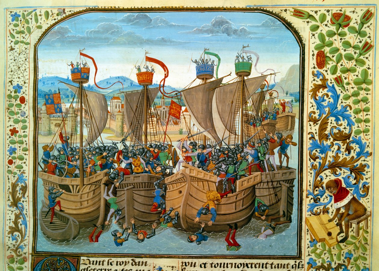 Százéves háború: „” A tengeri csata az Ecluse-ben, Sluisban (Hollandia) 1340. június 20-án, amely a francia Philippe VI of Valois és III. Edward angoljaival szembesült”” Miniatűr a „Krónikák”-ból, Jean Froissart (1337-1400) 15. század. Párizs. B.N alkotó: Unknown artist