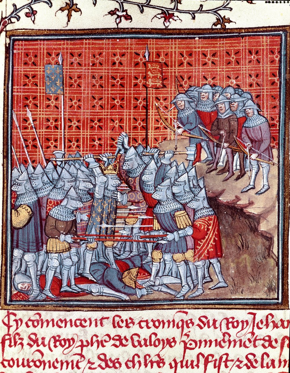 Százéves háború: „” Jó János francia király (1319-1364) csata közben””” Miniatűr a Les grandes Chronicles de France-ból”” Jean Froissart (1337-1400) 14. századi Chantilly , Musee Conde alkotó: Unknown artist