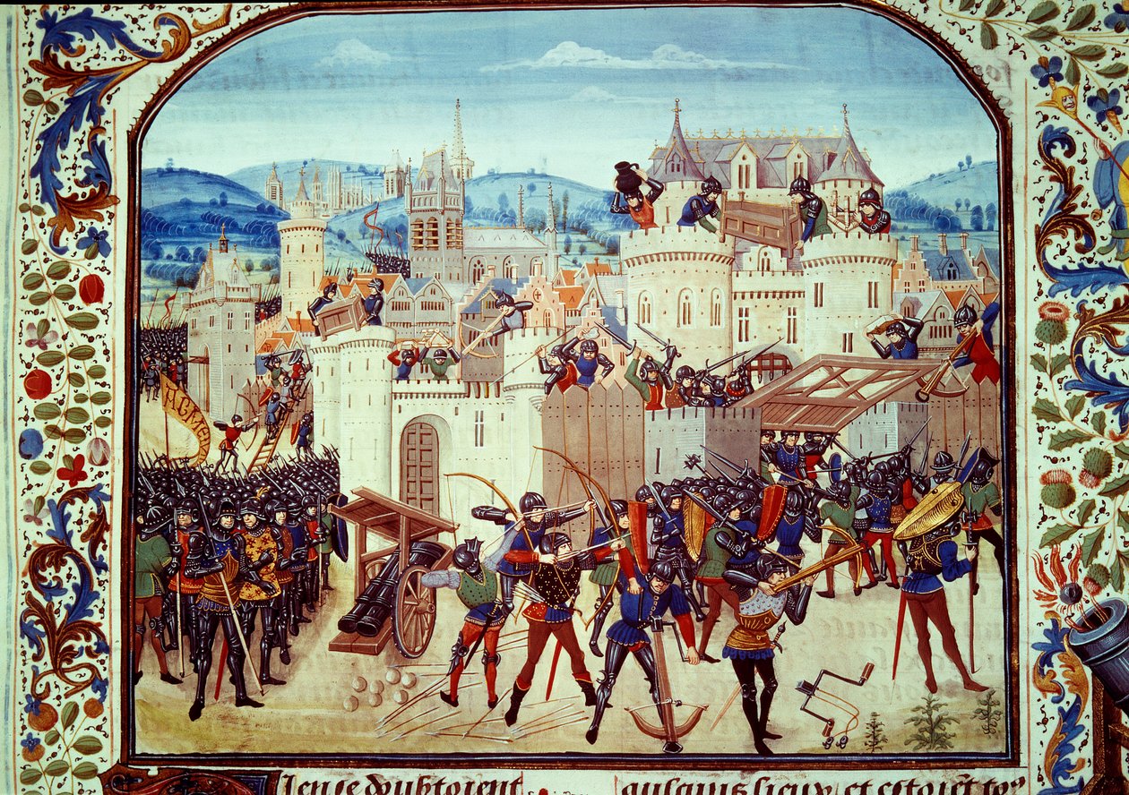 Százéves háború: Jean de Hainaut gróf 1340-ben a picardiai Aubenton város táskája. Miniatűr Jean Froissart (1337-1400) Párizs „Krónikáiból”. B.N. alkotó: Unknown artist