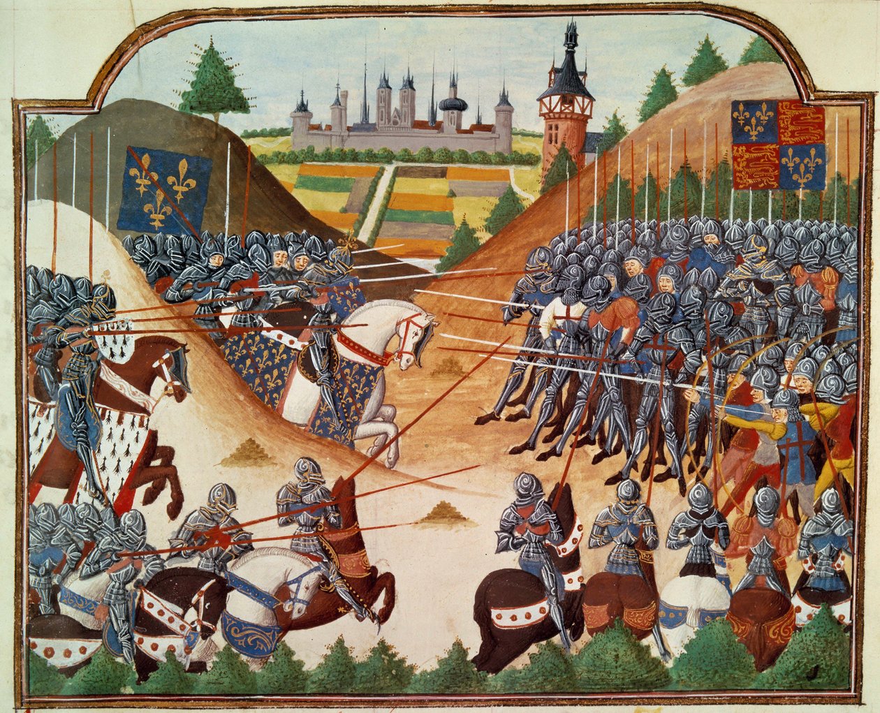 Százéves háború: Formigny (Calvados) csata 1450.04.15-én Thomas Kyriell és Jean de Clermont angol hadserege között. Miniatűr a „Vigiles du roi Charles VII” kéziratból megvilágítva Jean Chartier krónikájában, szerkesztette Mar alkotó: Unknown artist