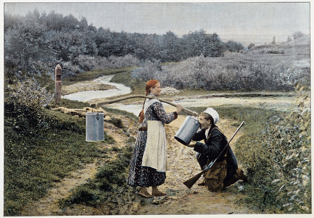 Vadász és lány a szökőkútnál (Oroszország) - fotózás, 19. század vége alkotó: Unknown artist