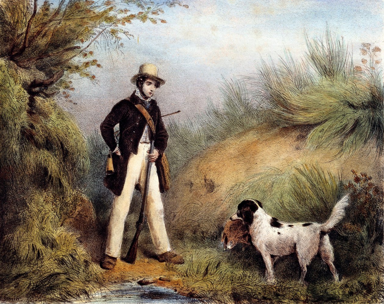 Hunter a kutyájával. 19. századi nyomtatvány. Gien, vadászati múzeum alkotó: Unknown artist