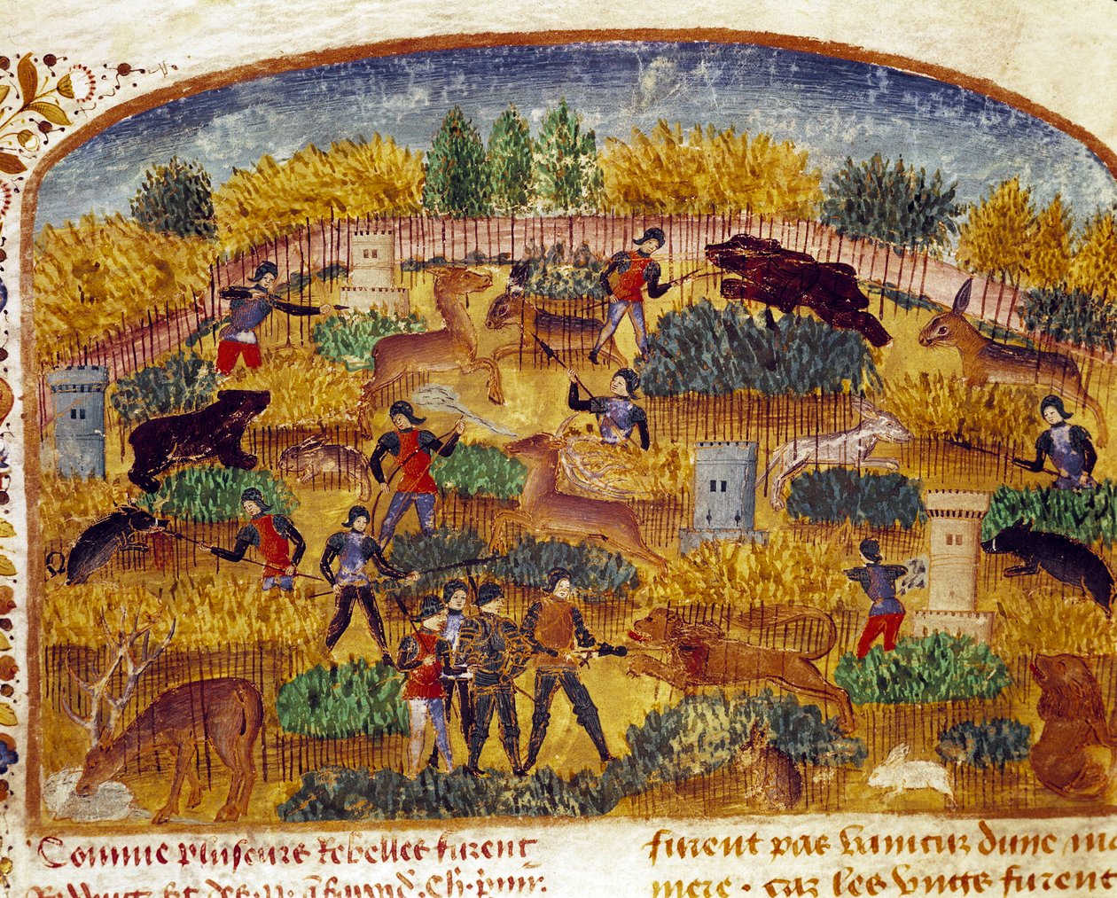 Vadászjelenet Miniatűr, amelyet Quintus Curtius Rufus (Quinte Curce) „” Nagy Sándor tények könyvéből” vett (1. század), 1468 körül. (Ms 1335) Reims. Városi Könyvtár alkotó: Unknown artist