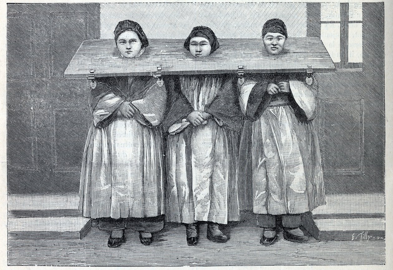 Vadászat Kínában: a cangue, a kínzó apparátus (egyfajta pellengér) a csecsemőgyilkos anyákra vonatkozik. Metszet a "" La Nature"-be alkotó: Unknown artist