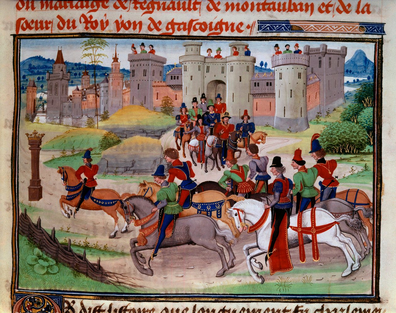 Vadászjelenet. Miniatűr Loyset Liedet „Renaud de Montauban” vagy „Les quatre fils Aymon” kéziratából (aktív 1448 és 1478 között). Ms. 5073. 15. századi Bibliotheque de l