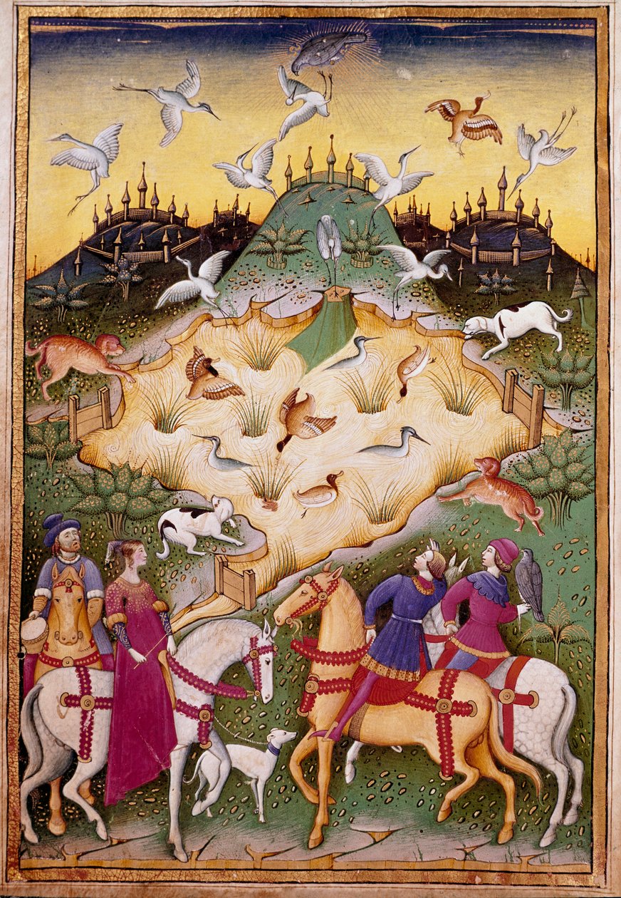 Vadászjelenet sólymokkal Miniatűr a „” című filmből. Kezelje a solymászatot és a venyeret Sforza hercegének mottójával és emblémájával” 1459 (ms. 1375) Chantilly, Musee Conde alkotó: Unknown artist