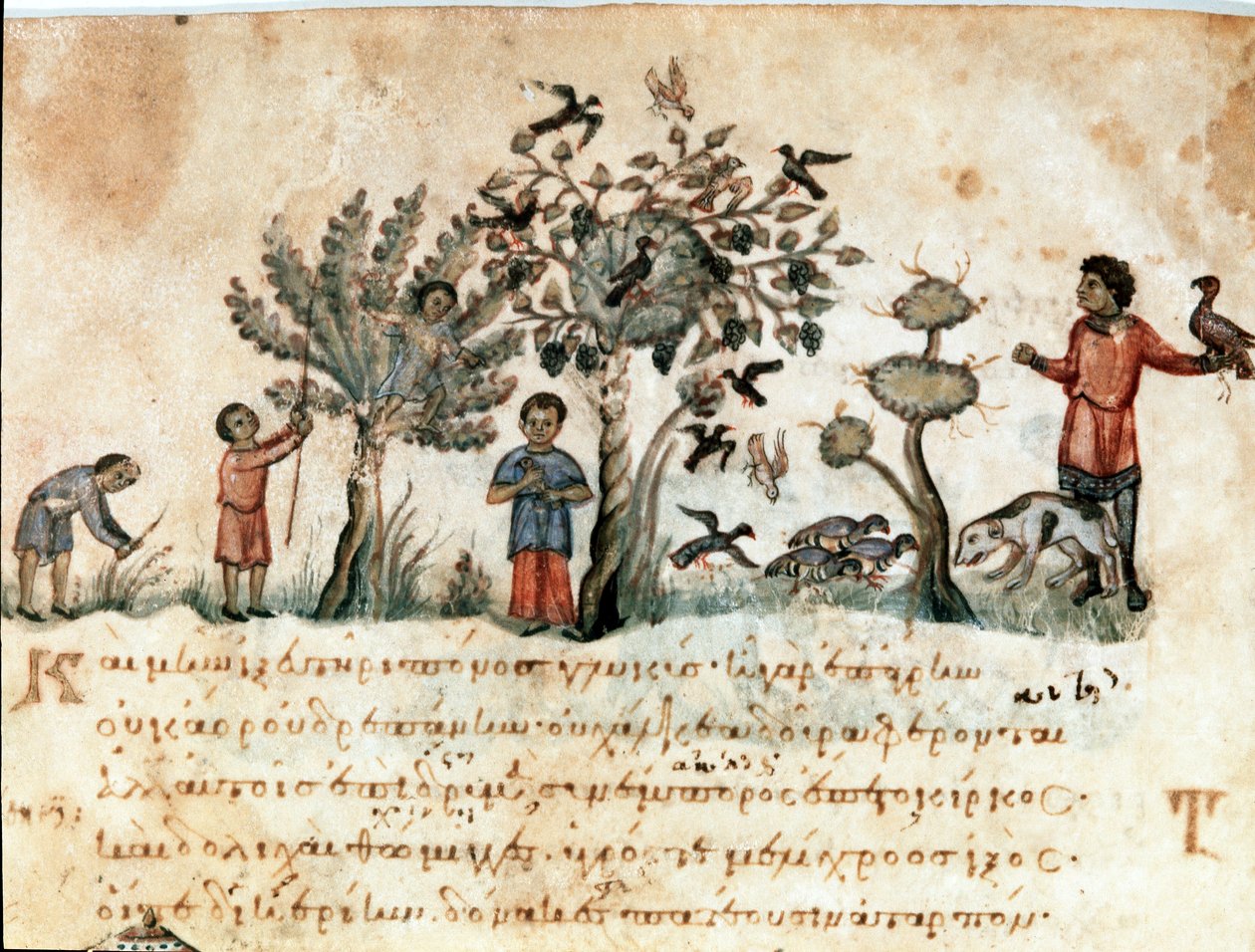 Vadászjelenet sólymokkal és gyümölcsgyűjtemény A szíriai Oppian (Oppian vagy Oppianus) (Kr. u. 3. század) Caracallának szentelt miniatűr „A cynegetics” vadászatból készült. 11. századi Velence. Biblioteca Marciana alkotó: Unknown artist