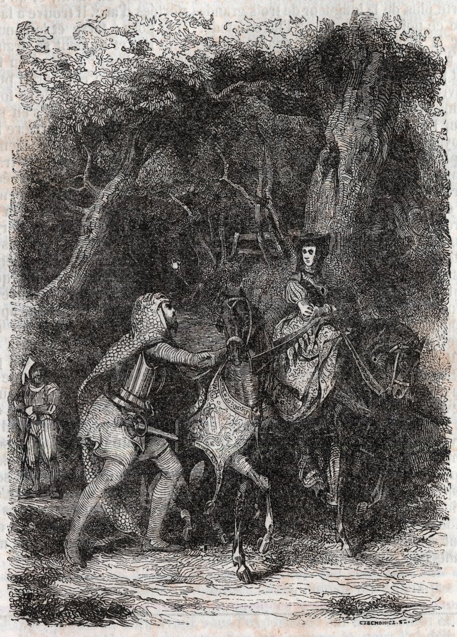 Hypalcát Rodomont letartóztatta – 1851-es metszet a „Dühös Roland” (Orlando furioso) (16. század) írásából, Ludovico Ariostotól, Ariosto néven ismert – Tressan gróf olasz nyelvről fordított kiadása, Gustave Harvard 1851. alkotó: Unknown artist