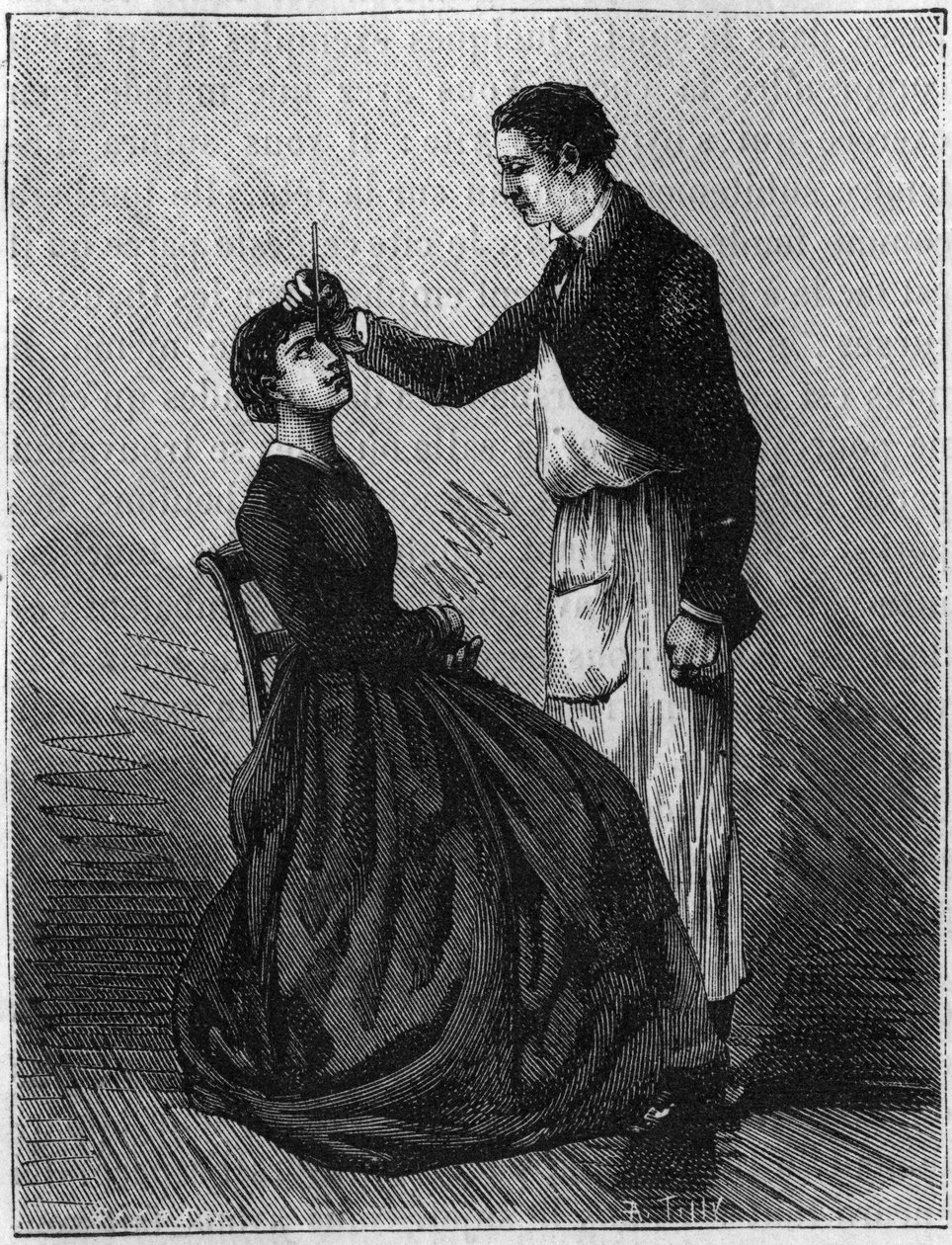 Hipnózis jelenségek: Hipnózis, amelyet a szemek közötti ceruzatartó rögzítése okoz. Metszet 1881-ből. alkotó: Unknown artist