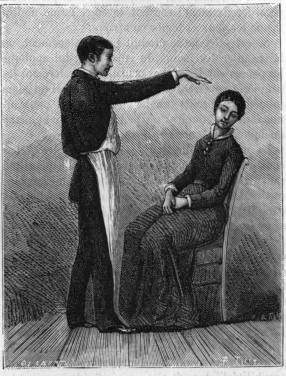 Hipnózisjelenségek: a hipnózist úgy idézik elő, hogy hirtelen kinyújtják a kezét a páciens elé. Metszet 1881-ből. alkotó: Unknown artist
