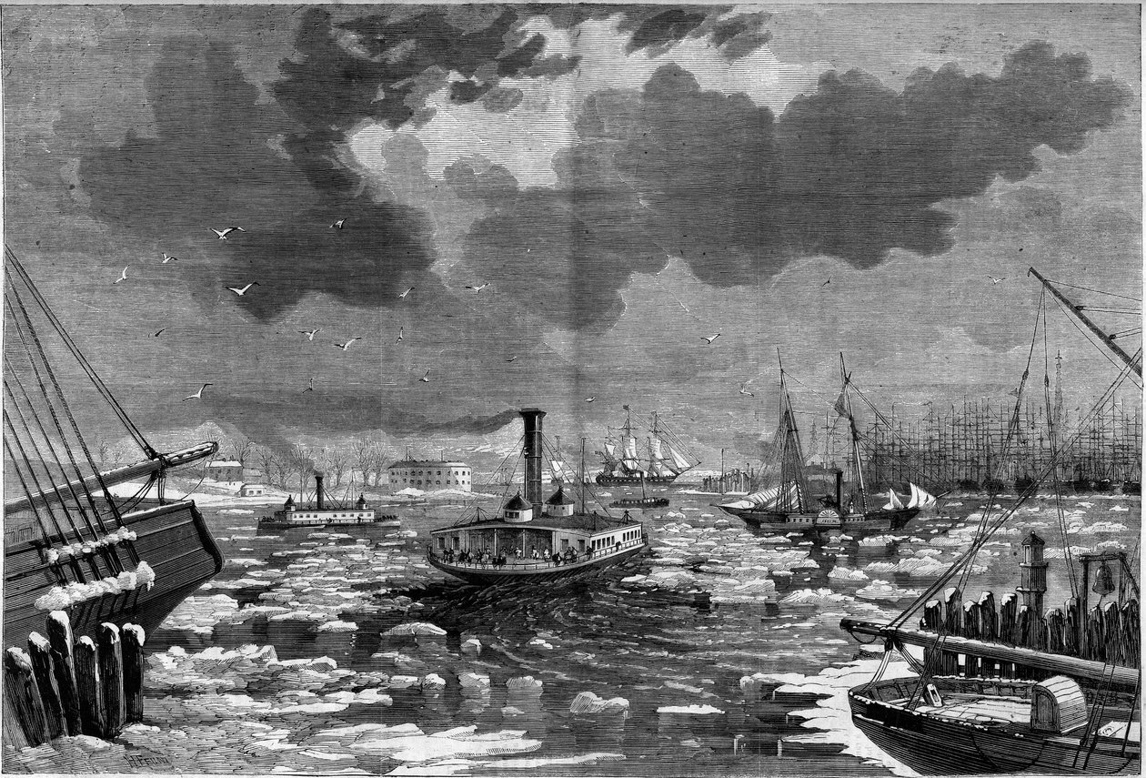 Jégösszeomlás New Yorkban (New York), Egyesült Államokban (Egyesült Államok) a folyó keleti felől nézve. Metszet a "" The Illustrious Universe" -ba alkotó: Unknown artist