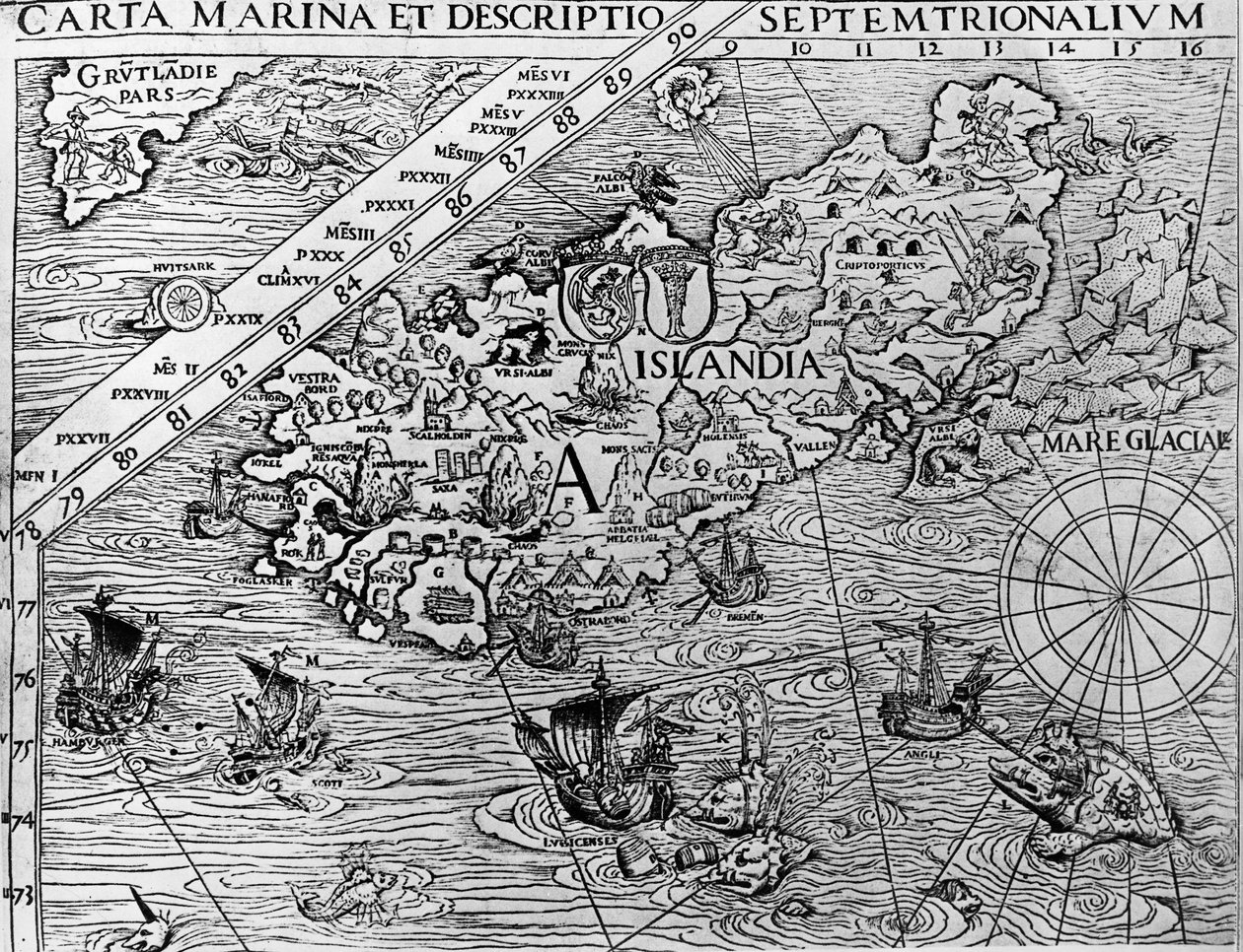 Izland, 1539 körül, Olaus Magnus (1490-1557) svéd érsek részlete a Carta kikötőből alkotó: Unknown artist
