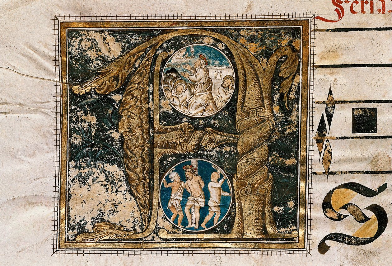 Jézus az apostolok előtti prédikáció és a lobogtatás megvilágított levele, liturgikus énekek kéziratából alkotó: Unknown artist