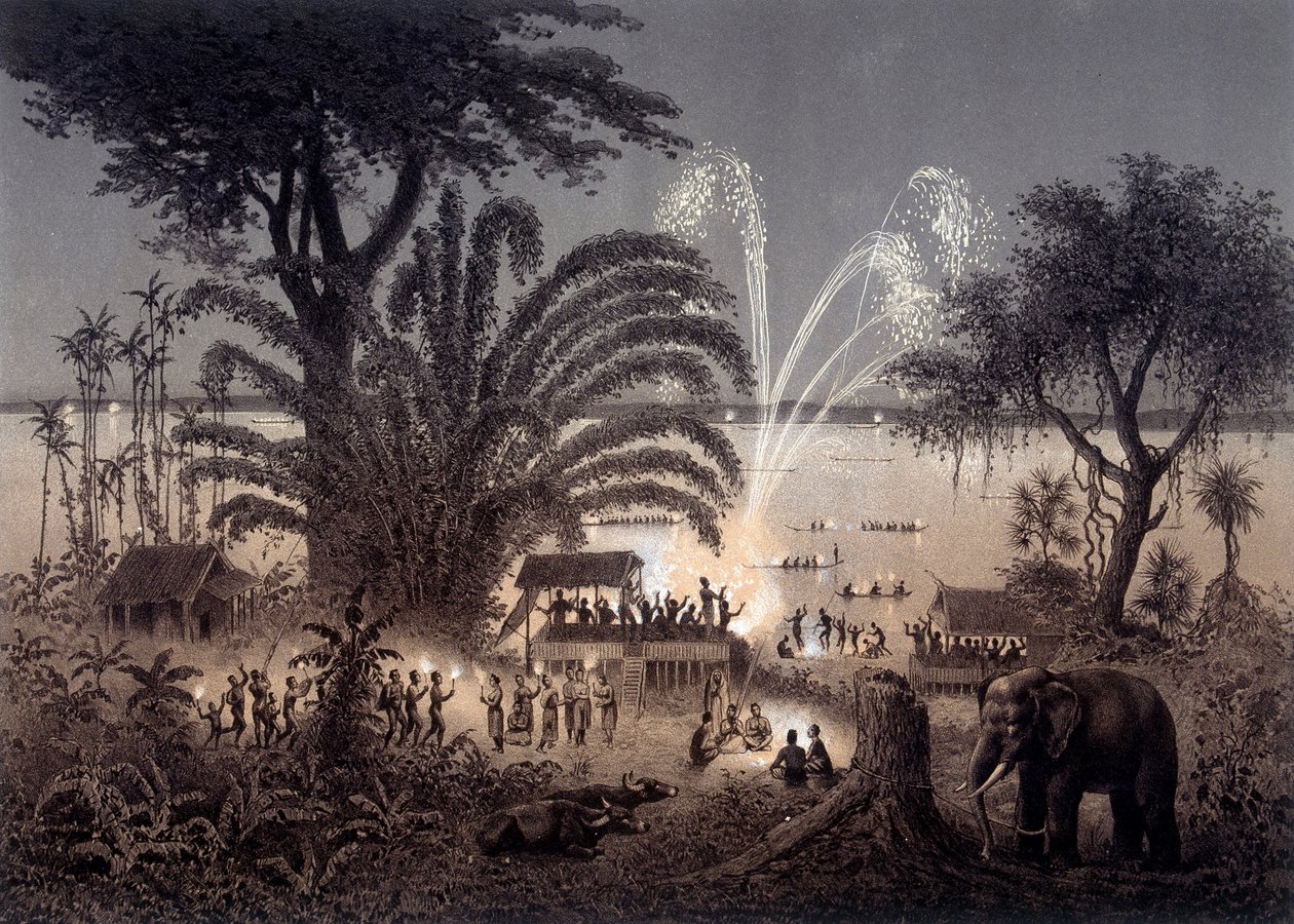 A folyó megvilágítása a Bassac fesztiválon, Sziámi Laoszban. F. Garnier irányítása alatt 1873-ban megjelent „” Az 1866-1868 közötti indokínai felfedezőút atlasza”. alkotó: Unknown artist
