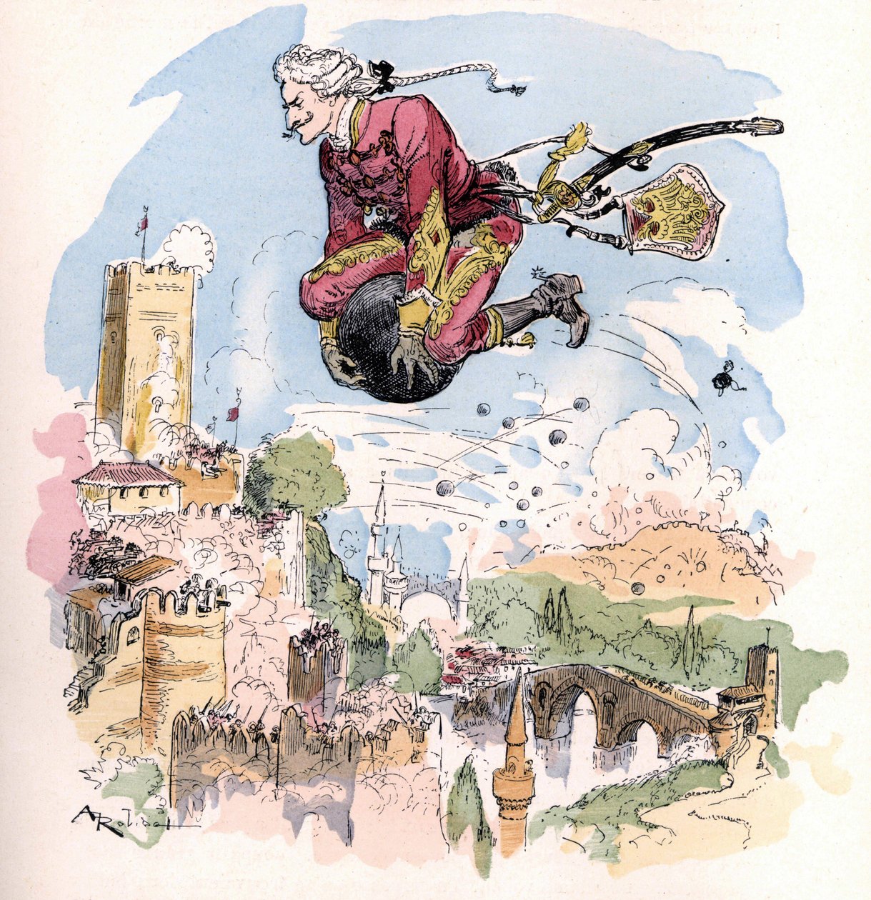 Albert Robida illusztrációja a „Histoire et aventures du Baron de Munchausen (Munchhausen), H. Laurens Ed., 19. század vége” című könyvében. alkotó: Unknown artist