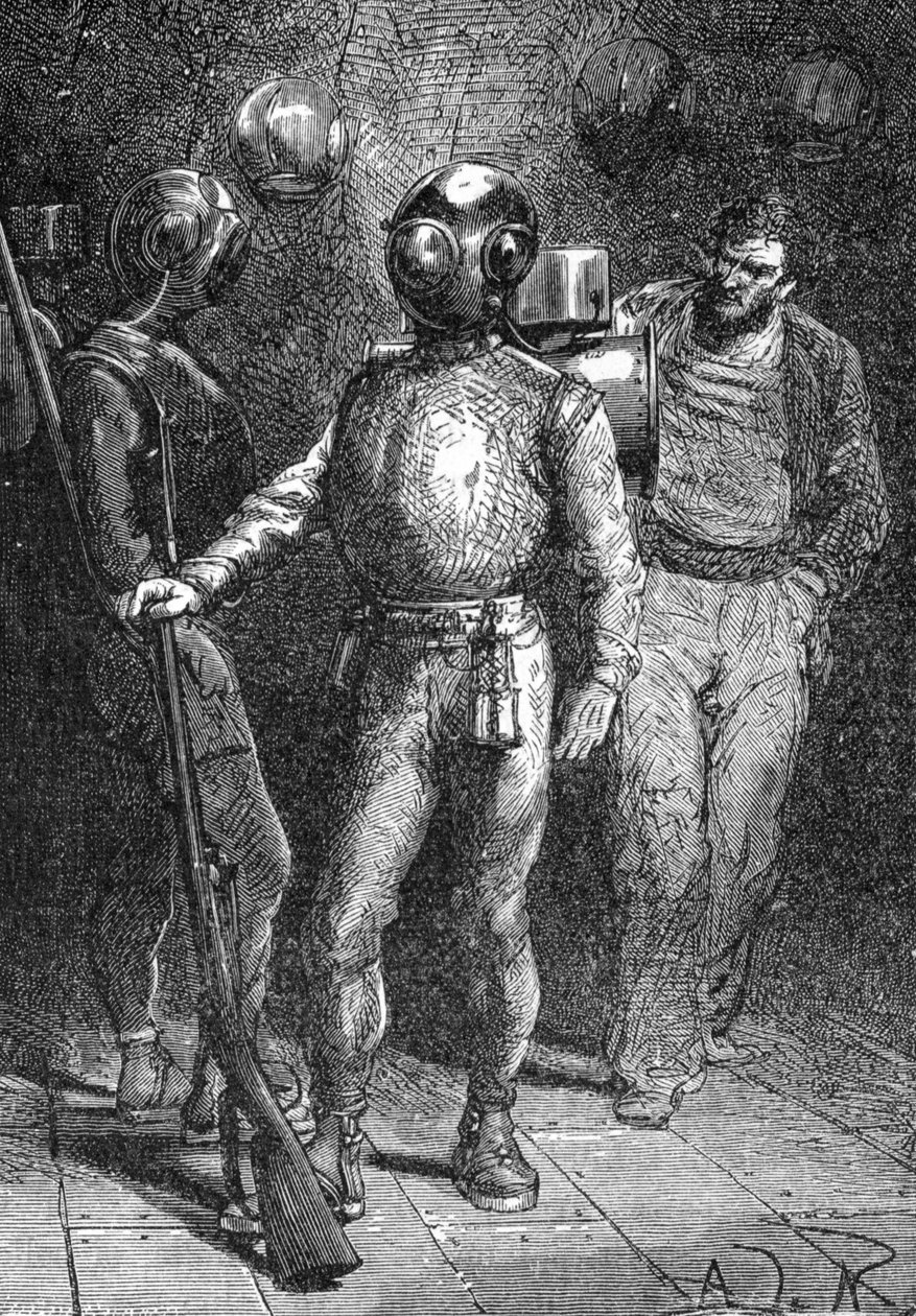 Illusztráció: Jules Verne: "Húszezer liga a tenger alatt" (Vingt-mille - 20 000 - 20000). Egy tengerész a Nautilusból, aki Rouquayrol - Denayrouze búvárruhát visel. 19. századi metszet. alkotó: Unknown artist