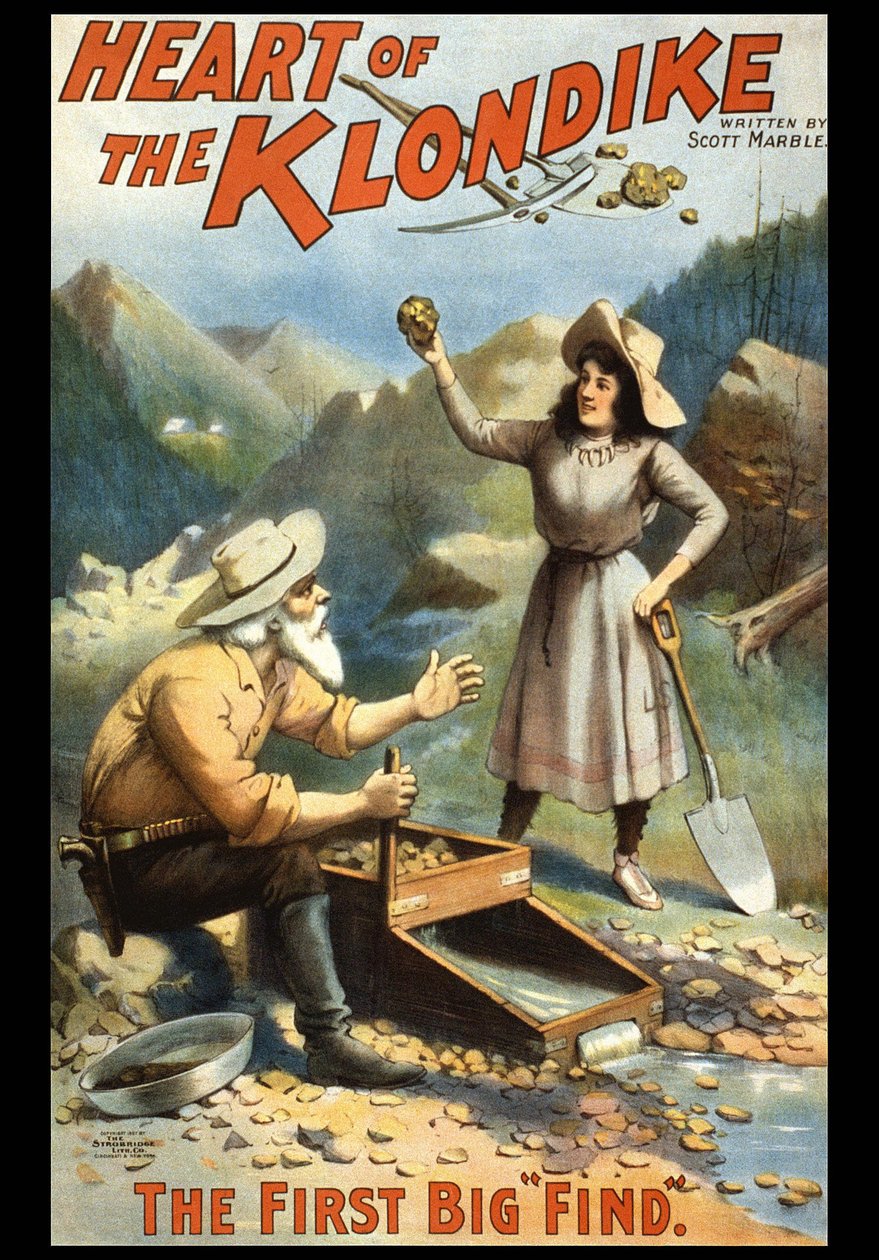 Illusztráció, amely egy aranykeresőt ábrázol a Klondike-ban. A Klondike szíve, S. Marble. század végi plakát. alkotó: Unknown artist
