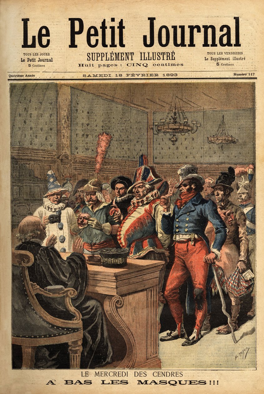 Illusztráció hamvazószerdára, a Mardi Gras farsang után, a parti jelmezek a bíró előtt haladnak, hogy leleplezzék magukat. Metszet a „” Le petit journal”-ban 1893.02.18. Selva gyűjteménye. alkotó: Unknown artist