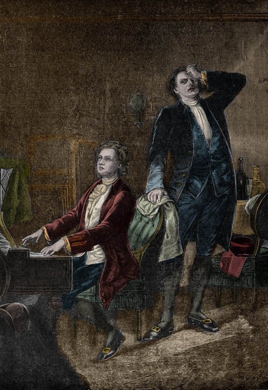 Illusztráció Alekszandr Puskin „Mozart és Salieri” című drámájából, 1830-ban írt – Antonio Salieri féltékeny, Wolfgang Amadeus Mozart alkotó: Unknown artist