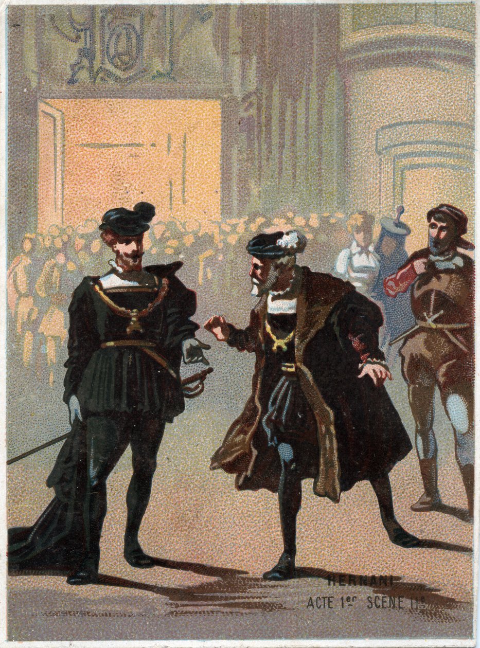 Giuseppe Verdi (1813 - 1901) olasz zeneszerző „” Ernani” című művének illusztrációja, az opera 1. felvonása, II. jelenete, 1844-ben, Victor Hugo „” Hernani”” tragédiája után. A 19. század végének kromolitográfiája. alkotó: Unknown artist