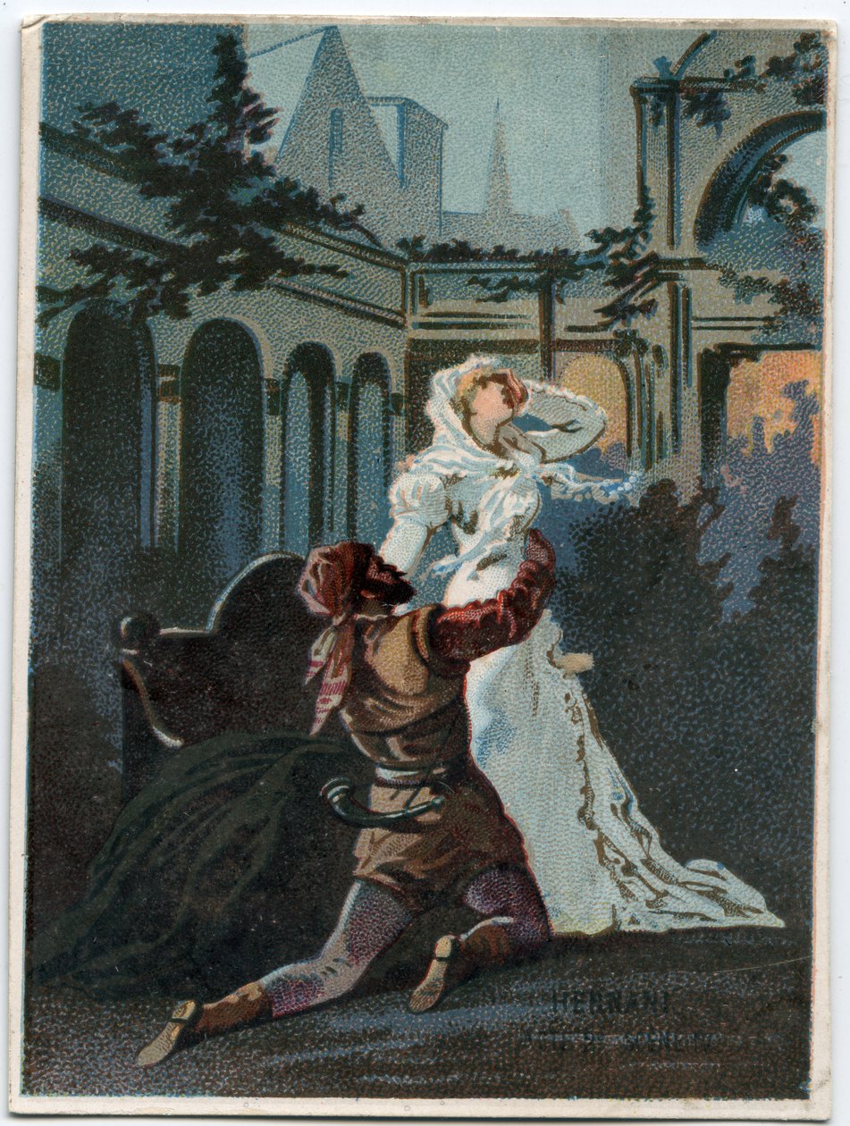 Giuseppe Verdi (1813 - 1901) olasz zeneszerző „” Ernani” című művének illusztrációja, az opera 2. felvonása, IV. jelenet, 1844-ben, Victor Hugo „” Hernani”” tragédiája után. A 19. század végének kromolitográfiája. alkotó: Unknown artist