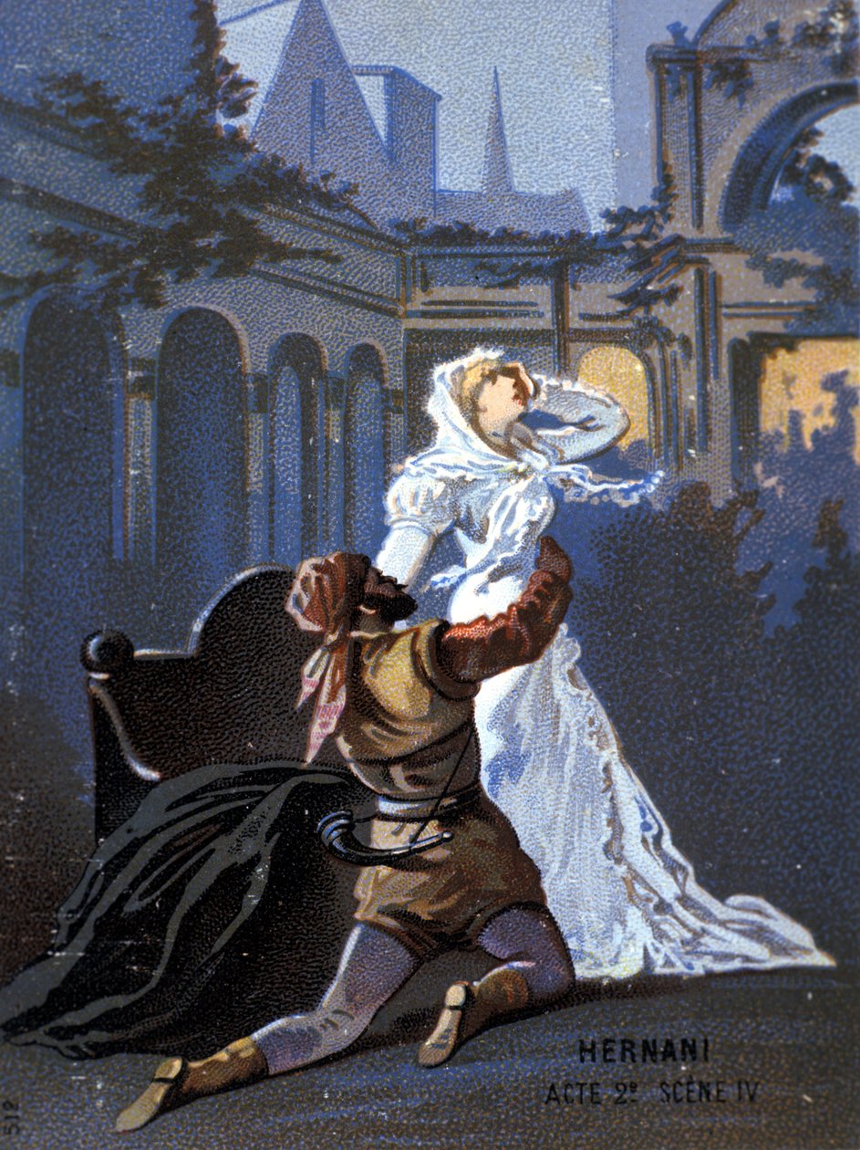 Giuseppe Verdi (1813 - 1901) olasz zeneszerző „Ernani” című művének illusztrációja, II. felvonás, 4. jelenet, 1844-ben Victor Hugo „Hernani” című tragédiája után készült opera. század végi kromolitográfia.. alkotó: Unknown artist