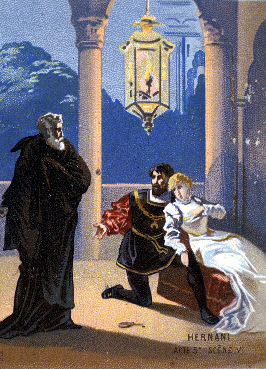 Az olasz zeneszerző, Giuseppe Verdi (1813 - 1901) „Ernani” illusztrációja, V. felvonás, 6. jelenet, 1844-ben Victor Hugo „Hernani” című tragédiája után készült opera. század végi kromolitográfia.. alkotó: Unknown artist