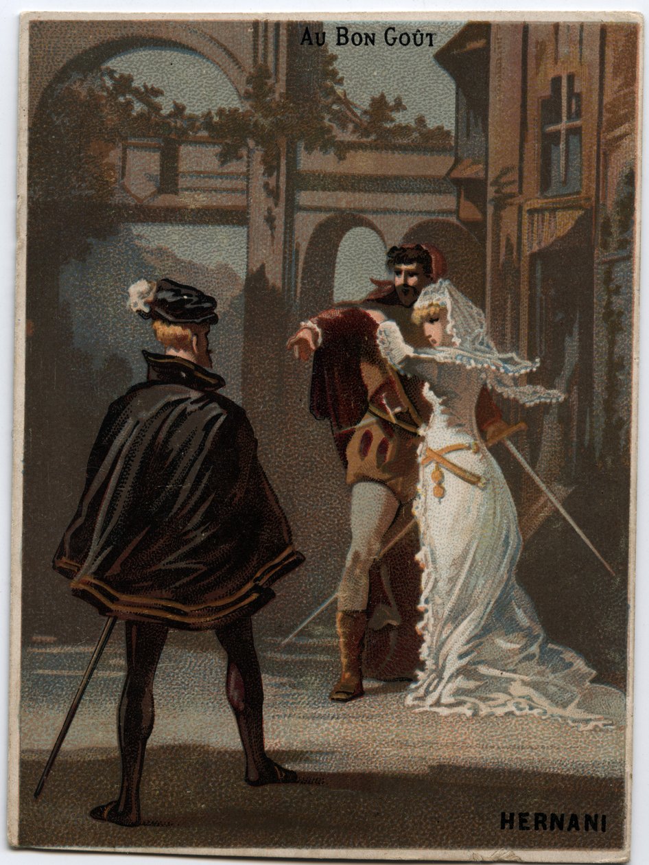 Illusztrációja Giuseppe Verdi (1813 - 1901) olasz zeneszerző „Ernani” című operájának, amely 1844-ben készült Victor Hugo „Hernani” tragédiája után. A 19. század végének kromolitográfiája. alkotó: Unknown artist