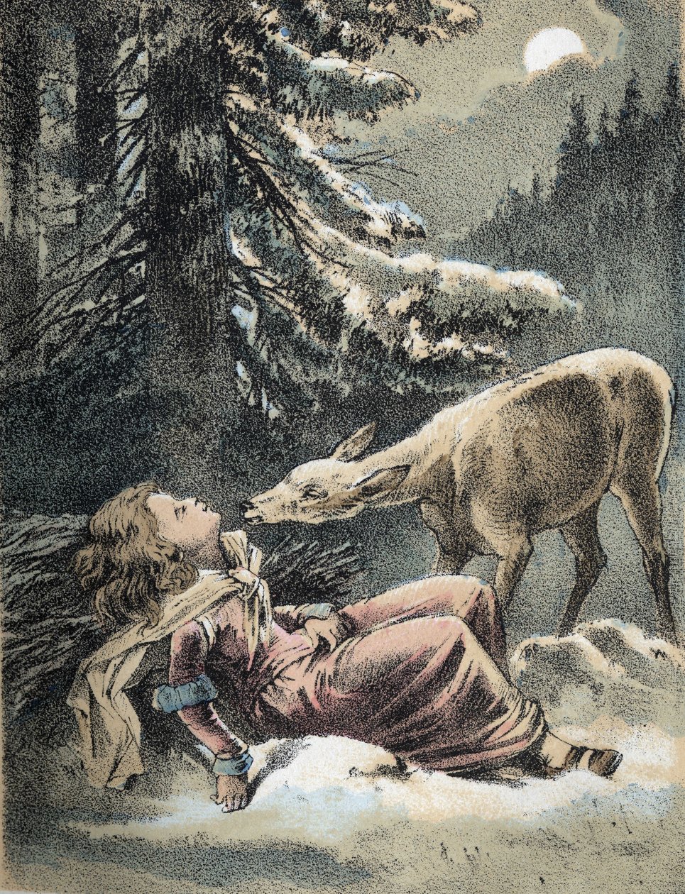 Illusztráció Franz Hoffmann „” Mesék és mesék – Von Weifsh¿ndchen und breitf¿fschen” című meséiből: egy hóban elájult lány és egy szarvas. századi kromolitográfiája. alkotó: Unknown artist