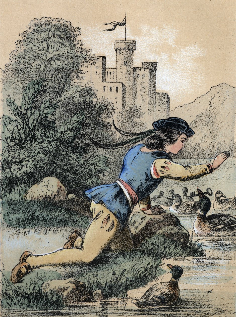 Illusztráció Franz Hoffmann „” Tales et Fables – Les 3 princes” meséiből: Egy herceg kulcsot kap egy kacsától. századi kromolitográfiája. alkotó: Unknown artist