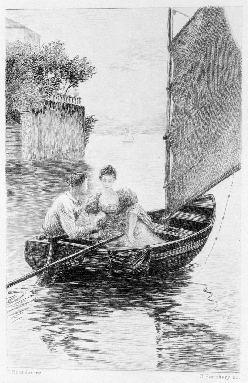 Stendhal „Vörös és fekete” illusztrációja. 1830. Julien Sorel és Madame de Renal egy vitorláson képviseltetik magukat. Metszet a 19. század végéről. alkotó: Unknown artist
