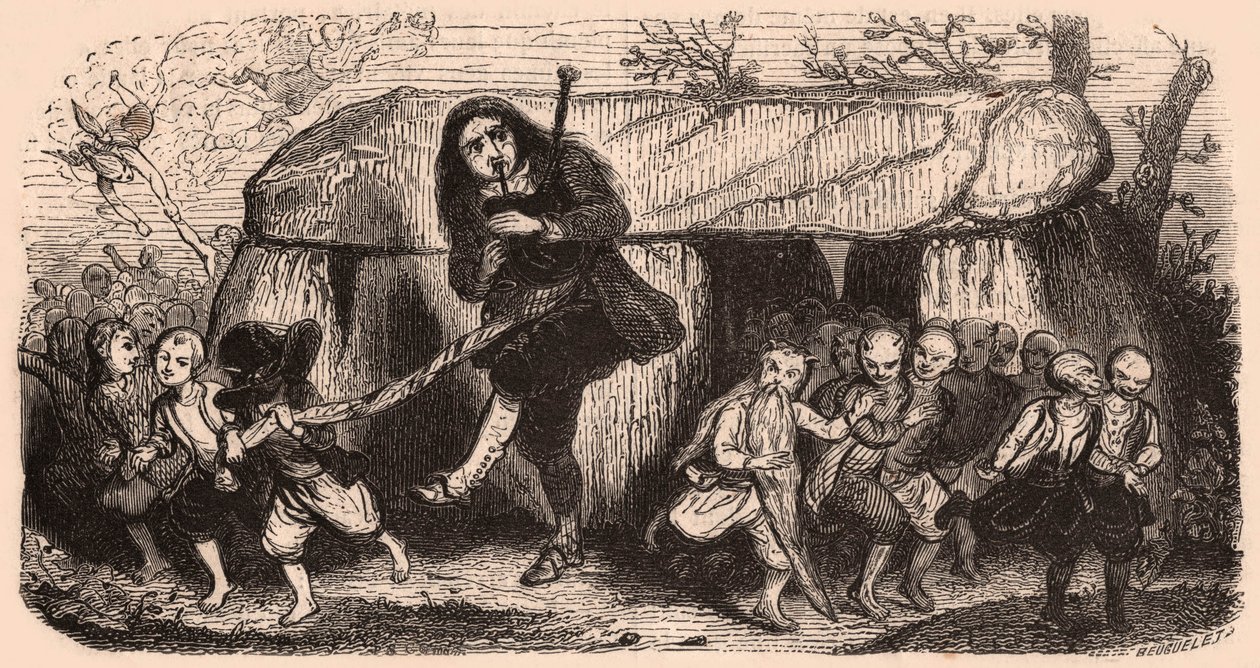 Illusztráció egy legendáról a breton hagyományok után: a laoszi dudás és a dolmen előtt táncoló goblinok alkotó: Unknown