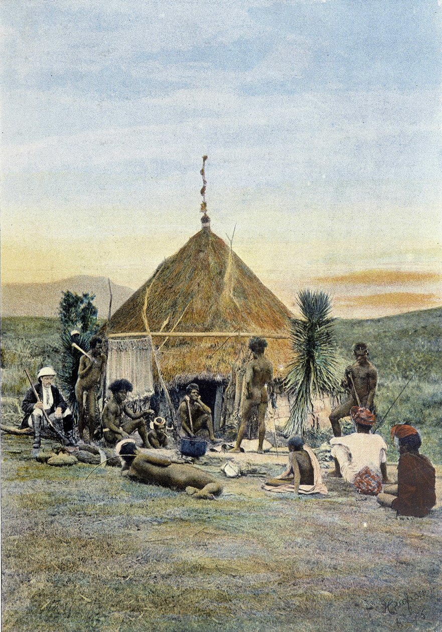 Illusztráció egy távirati táborról Uarai közelében, Új-Kaledóniában. alkotó: Unknown artist