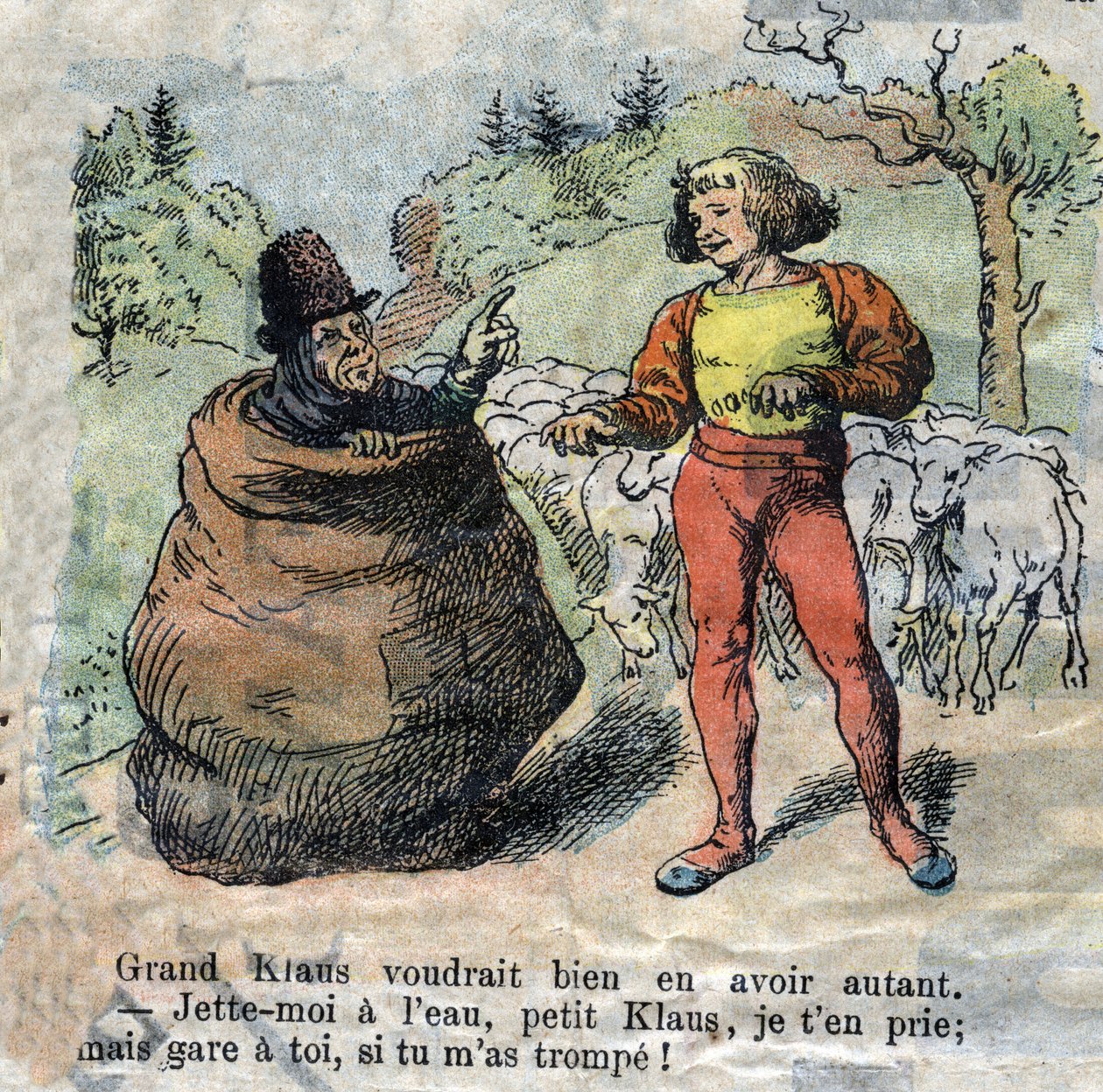 Illusztráció a 19. század végéről Hans Christian Andersen (1805-1875) „Grand Claus and Little Claus” (Klaus) című meséhez. Magángyűjtemény. alkotó: Unknown artist