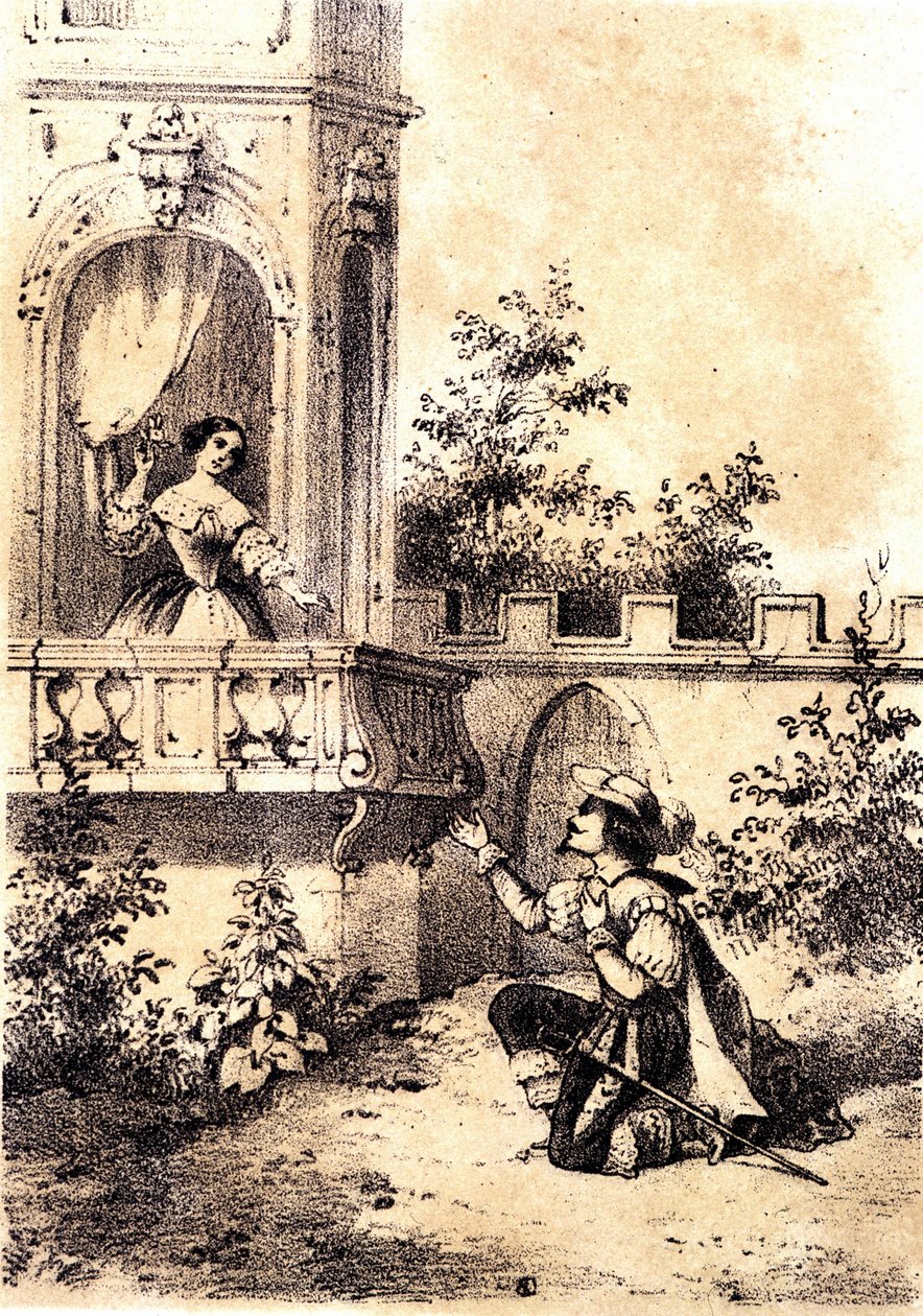 Illusztráció a „The King make the drum beat” című dalhoz: egy férfi kijelenti szerelmét egy nőnek az ablakánál. SD. alkotó: Unknown artist
