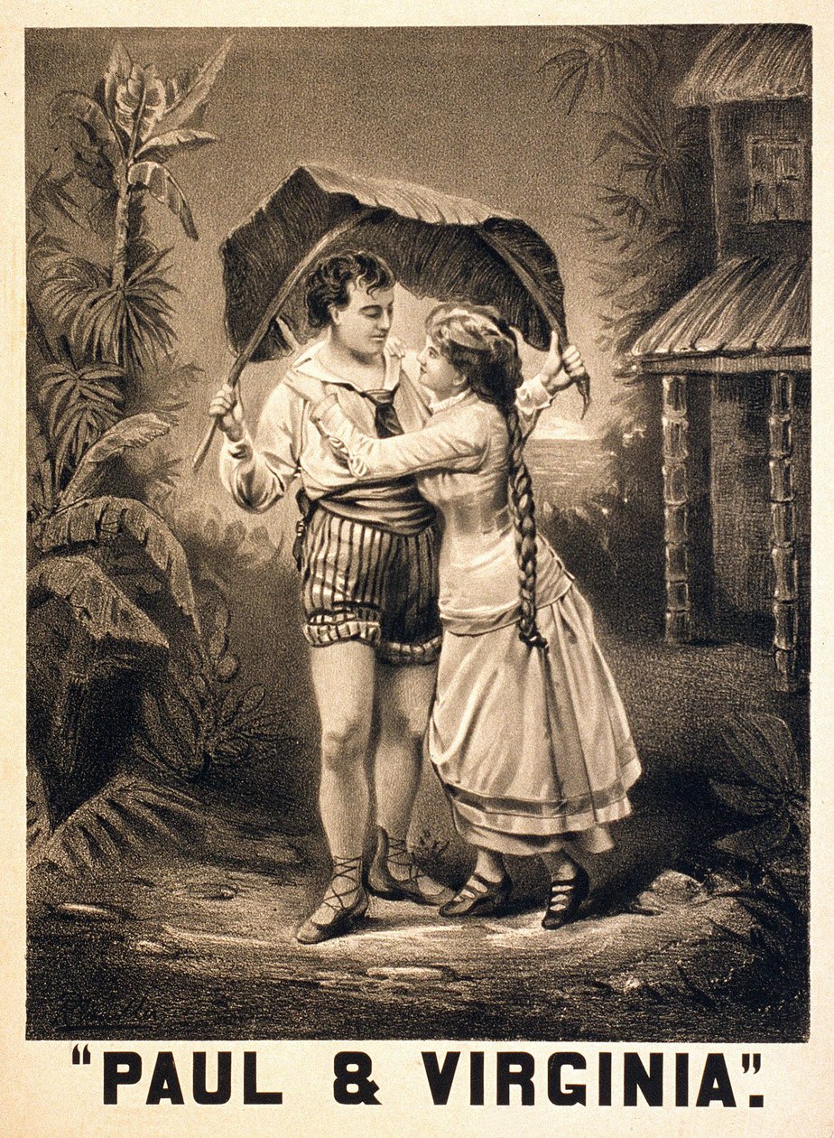 Illusztráció Paulról és Virginiáról. Roman Henri Bernardin de Saint Pierre (Saint-Pierre vagy St-Pierre), francia író (1737-1814) műve. Litográfia, 1880 körül. alkotó: Unknown artist