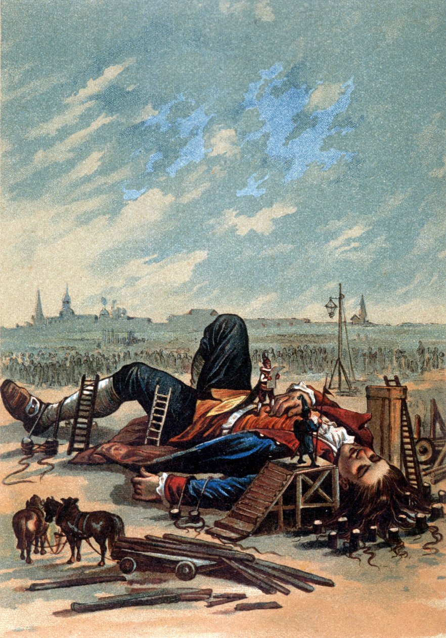 Illusztráció, amelyen a liliputiak Gullivert csatolják. Kromolitográfia, sd. 19. század vége. alkotó: Unknown artist