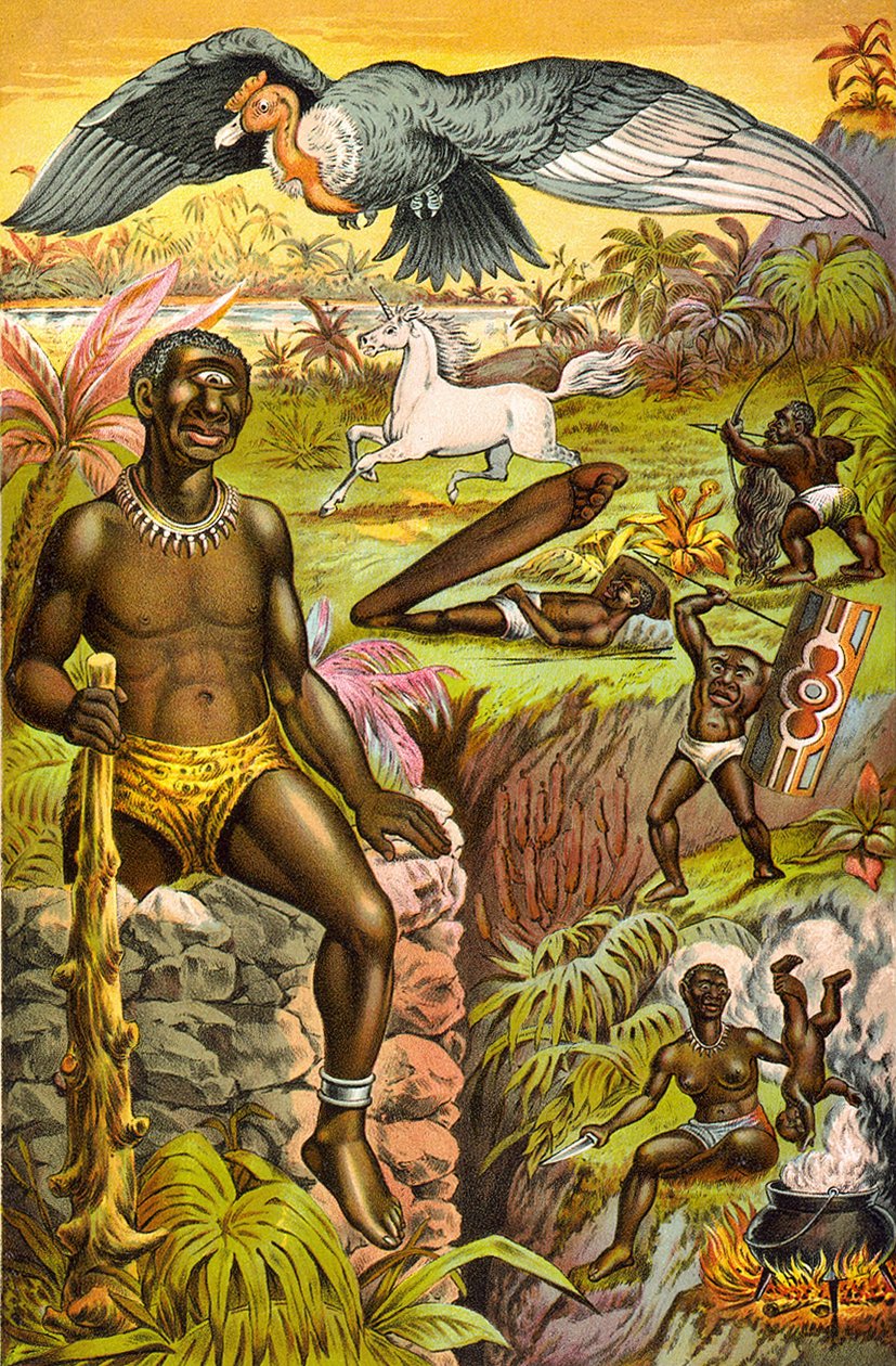 Illusztráció képzeletbeli afrikai szörnyetegekkel "" Az afrikai babonák illusztrálva"" címmel (küklopsz, egyszarvú...), 1889 körül. alkotó: Unknown artist