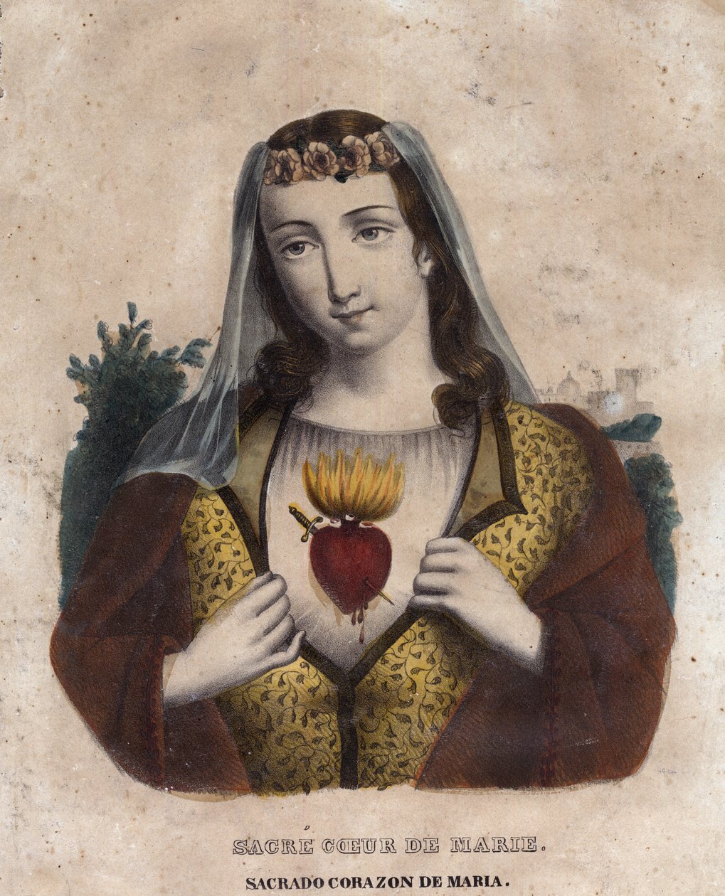 Mária Szeplőtelen Szíve - Mária Szent Szíve vallásos képe - 19. századi metszet - Maria Sagrado corazon - Maria Inmaculado Corazon - alkotó: Unknown artist