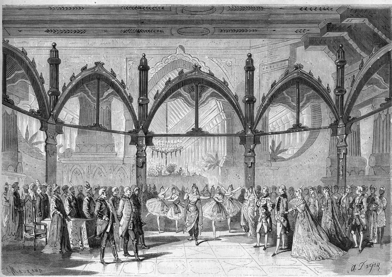 A Comic Opera Imperial Theatre: IV. jelenet, Daniel Francois Esprit Auber (1782-1871) „A boldogság első napja” című operájának II. felvonása. Metszet a "" The Illustrious Universe" -ba alkotó: Unknown artist