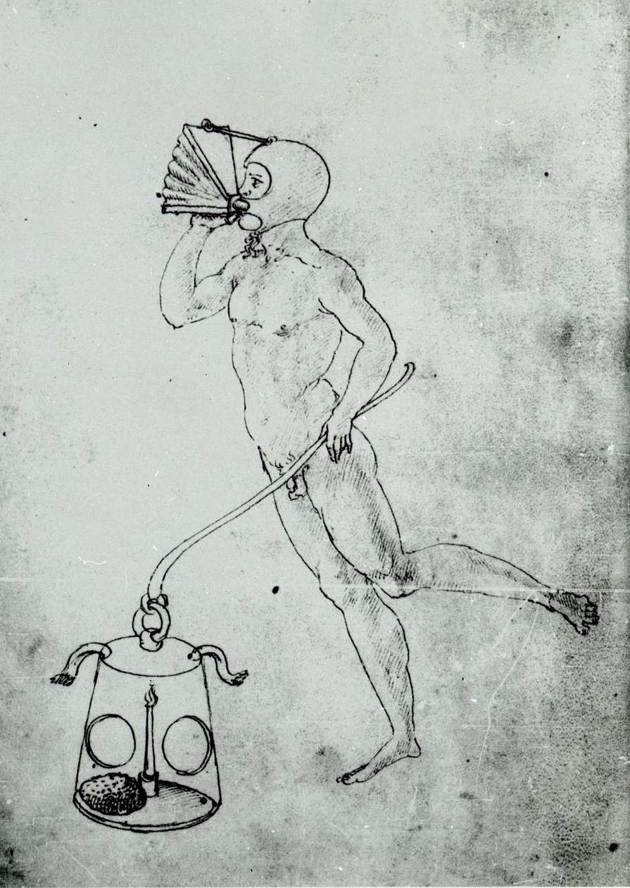 Francesco di Giorgio kötetében megjelenik ez a rajz, amely egy víz alatti légzést biztosító fújtatót ábrázol alkotó: Unknown artist