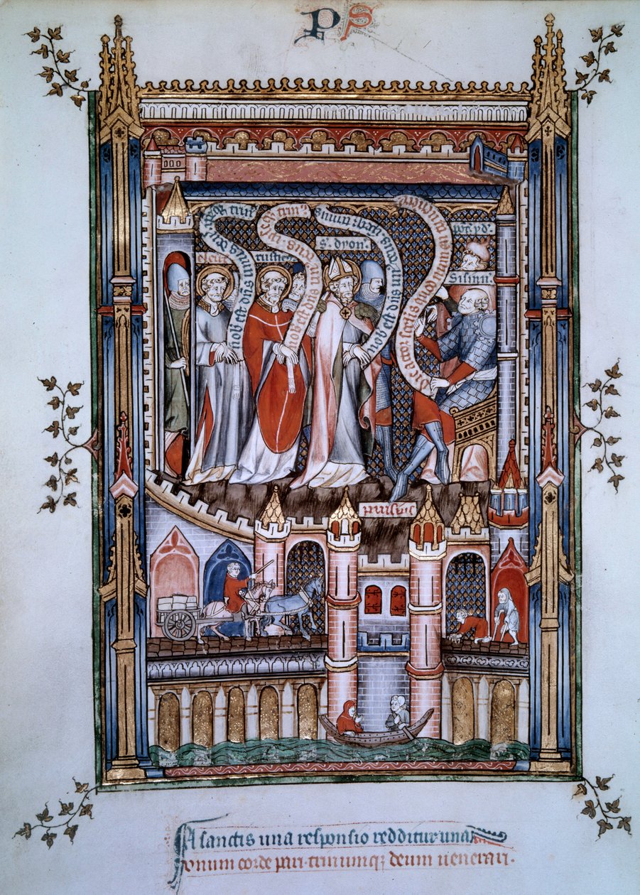 Saint Denis központjában, szemben Fescennius kormányzóval, akit Diocletianus császár megbízott Szent Dénes kivégzésével, a Párizs evangelizálására érkezett keresztényt, Eleuthere pap és Rustique diakónus kísérte, akik szintén mártírok 250 között. alkotó: Unknown artist
