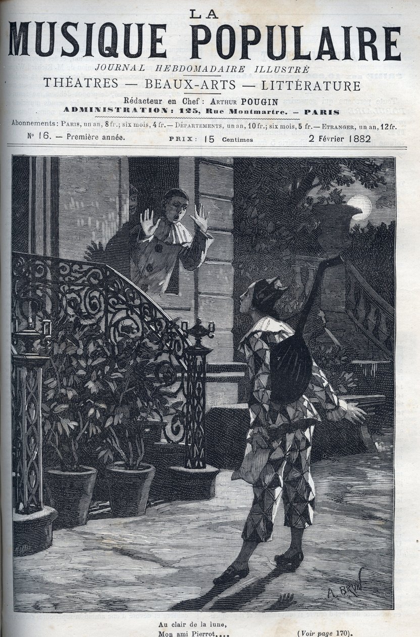 Holdfényben, a népszerű dal ábrázolása. Harlekin Pierrot erkélyén, a holdfényben. alkotó: Unknown artist