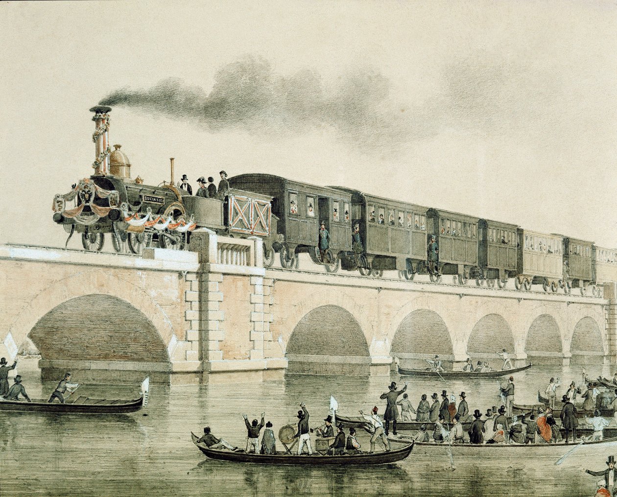 A várost a kontinenssel összekötő velencei lagúnán átívelő híd felavatása (Litográfia alkotó: Unknown artist