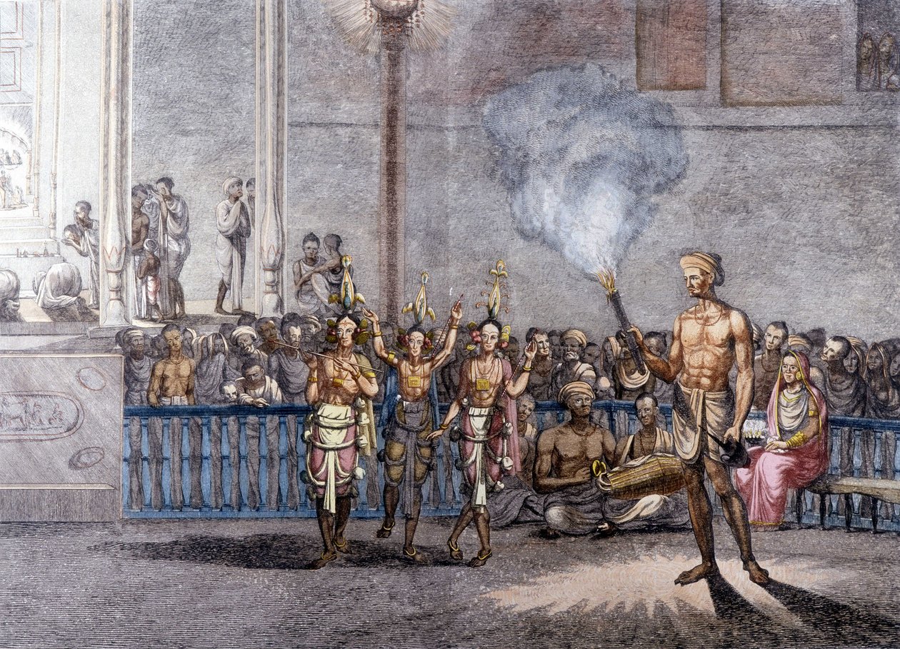 Indiai kultúra és civilizáció: Tánc a Brahman Krisna (Krisna vagy Krsna) istenségének tiszteletére Indiában. Metszet 1808. alkotó: Unknown artist