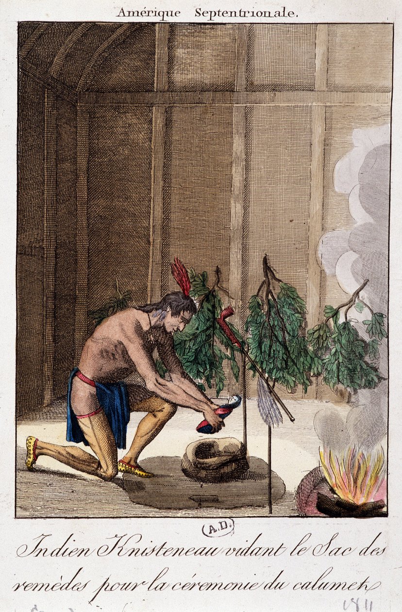 Az indiai Knisteneau kiüríti a gyógyszeres zsákot a calumet szertartáshoz alkotó: Unknown artist