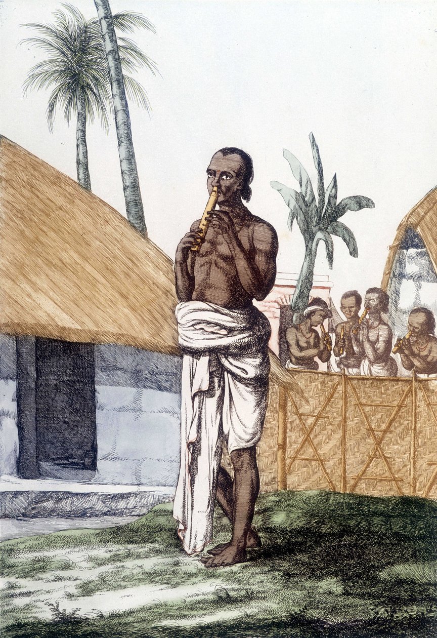 Indiai kultúra és civilizáció: zenész bansuri furulyán, hagyományos hangszeren, India. Metszet 1808. alkotó: Unknown artist