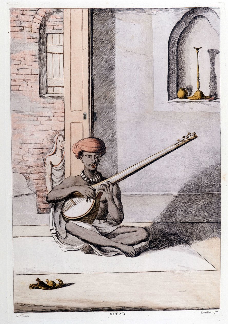 Indiai kultúra és civilizáció: zenész szitáron, hagyományos hangszeren, India. Metszet 1808. alkotó: Unknown artist